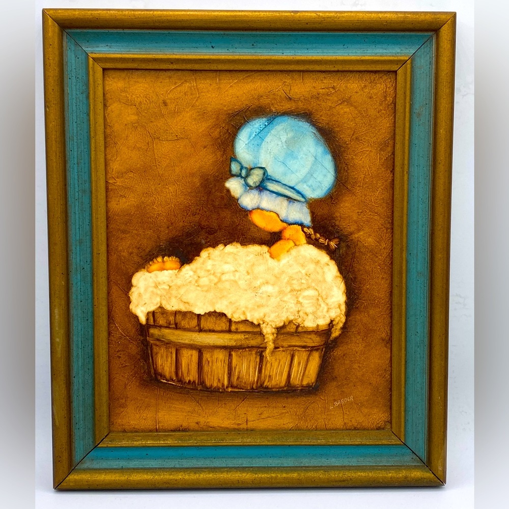 Vintage 1970s Old Fashion Girl In Bath Tub Painted On Board 12 1/2” by 10 1/2”